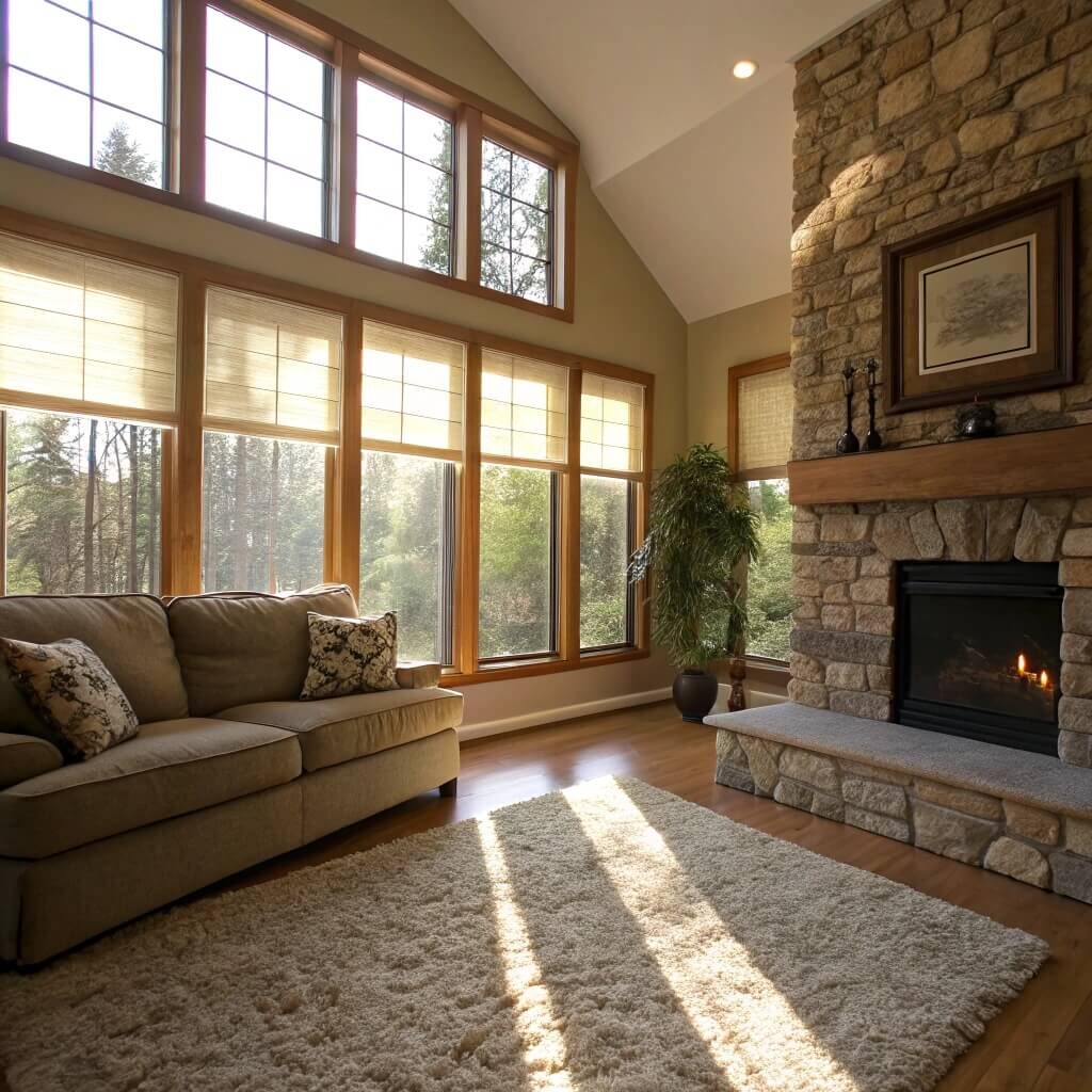 living room windows with window film reducing sun glare